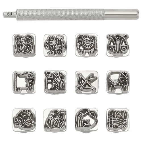 UNICRAFTALE 12 Stück Metallstempel Set Zwölf Sternbildern Metallstempelwerkzeuge DIY Kunst Und Bastelbedarf Holzetui Stanzset Zum Prägen von Metallstempeln Kunststoff Holz Und Leder von UNICRAFTALE