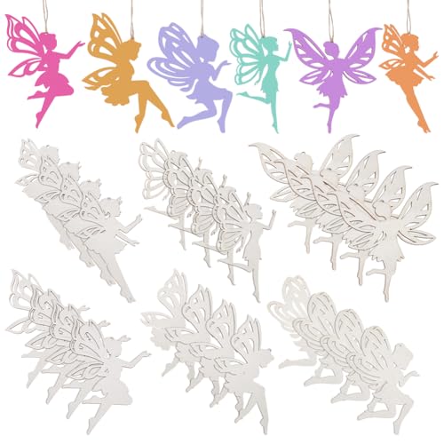 UNICRAFTALE 24 Stück 6 Stile Holzfeen Ausschnitte Unlackierte Hölzerne Feen Hängeornamente Hohle Feen Verzierungen Mit Schnur Für Heimparty Dekoration Bastelprojekt von UNICRAFTALE