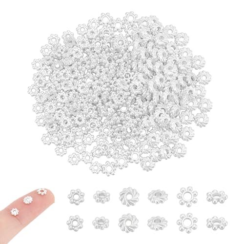 UNICRAFTALE 240 Stück 3 Stile 4-5mm Blumen Abstandsperlen Schneeflocken Perlen Metall Perlen Zinklegierung Strukturierte Rondell Perlen Silberperlen Für Die Herstellung von Armbändern Und Halsketten von UNICRAFTALE