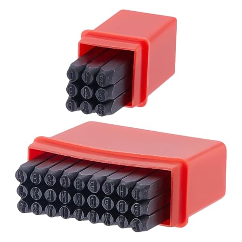 UNICRAFTALE 36 Stück 2 Boxen Metall Buchstabenstanzer Set 3mm Zahlen Und Buchstaben Stempel Set (AZ & 0 9) mit Rotem Etui Stanzwerkzeug Set Zum Prägen von Kunststoff Holz Leder von UNICRAFTALE