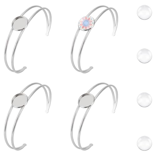 UNICRAFTALE 4 Set Cabochon Armreiffassungen Blank Manschetten Edelstahl Offener Armreif Mit Glas Cabochon Verstellbarer Armreif Mit 14mm Rohlingen Tablett Lünette Für Die DIY Armbandherstellung von UNICRAFTALE