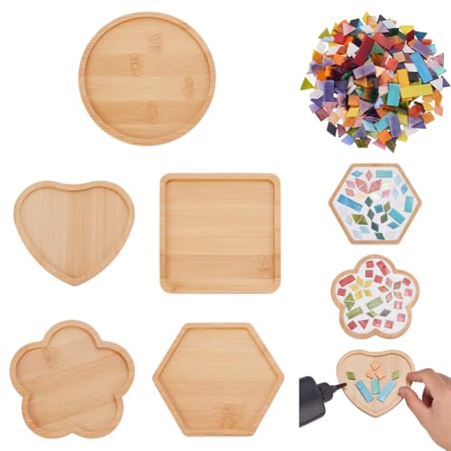 UNICRAFTALE 5 Stück DIY Glasmosaik Basis 5 Stile Mosaik Kits Mit Holzuntersetzer Für Erwachsene Verschiedene Formen Substrate Für Untersetzer Handgefertigte Glasfliesen Für Heimdekoration Geschenke von UNICRAFTALE