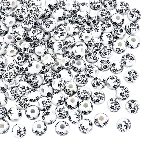 UNICRAFTALE Ca. 120 Stück Schwarze Keramikperlen 8mm Runde Porzellanperlen Mit nmuster Handgefertigte Abstandhalterperlen Bastelset Für Armbänder Halsketten Schmuckherstellung von UNICRAFTALE