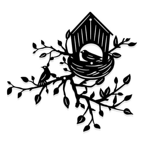 UNICRAFTALE Schwarzer Vogel Metall Wanddekoration Metallbaum Mit Vogelhaus Kunst Zum Aufhängen Rustikale Außendekoration Vogel Auf Baumzweig Silhouette Für Wohnzimmer Garten Schlafzimmer von UNICRAFTALE