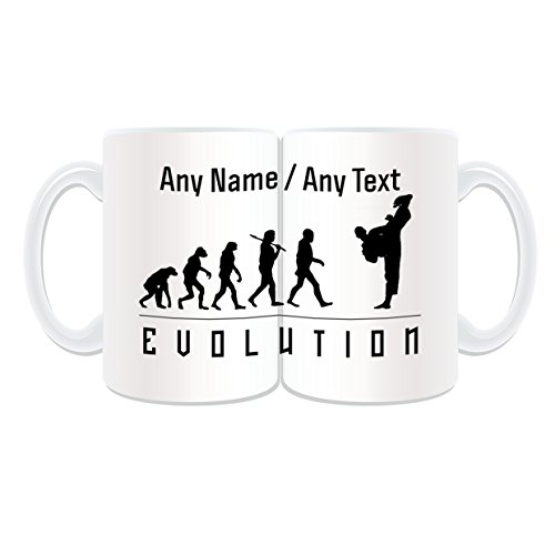 Große Taekwondo-Tasse (Evolution verpacktes Design, weiß) mit Namensnachricht, einzigartige Spielerumrisse, Olympisches Spiel, Sport, Coach, Kung Fu Kungfu KongFu Kun Fan Tae Kwon Do Korea Sensei von UNIGIFT