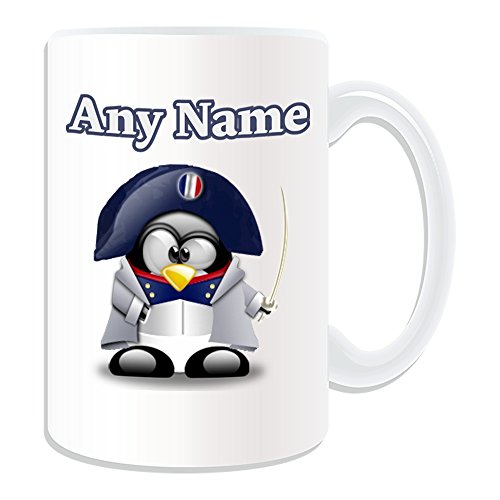 Personalisierbares Geschenk – Große Napoleon Bonaparte Tasse (Pinguin Promi-Kostüm Design) mit Namensnachricht, einzigartiger Stern, lustig, lustig, Super-Leiterkrieg, Frankreich Kaiser, Waterloo von UNIGIFT