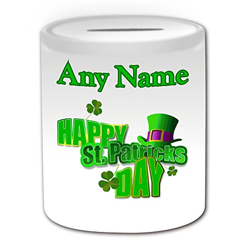 Personalisierbares Geschenk – Happy St Patrick's Day Spardose (Anlass Design Thema, Weiß) – jeder Name Nachricht auf Ihrem einzigartigen – Sparschwein – Slogon Logo Poster Lustig Neuheit Festival von UNIGIFT