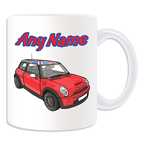 Personalisiertes Geschenk – Rot Mini Cooper Union Jack Dach Aufkleber Tasse (Design Thema, weiß) – Für jede Nachricht/Name auf Ihrem Einzigartig – BMW Hatch Cabrio Clubman Countryman Coupe Roadster Paceman Fahrzeug Auto Automarke Cute Treiber von UNIGIFT