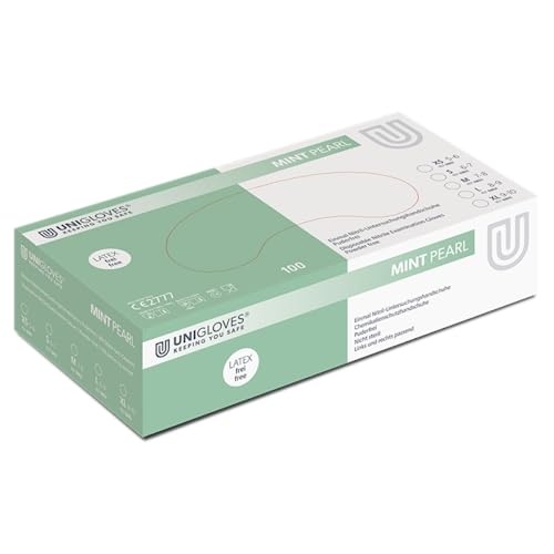 UNIGLOVES - Mint PEARL® Passgenaue Einweghandschuhe aus Nitril | Lebensmittelecht, puderfrei & latexfrei | hohe Festigkeit & Haltbarkeit | 100 Stück | Einmalhandschuh M von UNIGLOVES