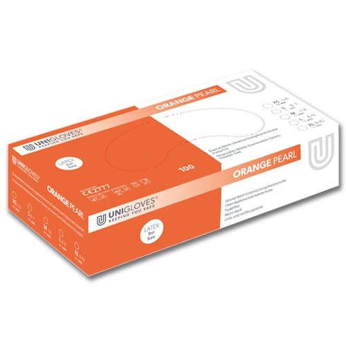 UNIGLOVES - Orange PEARL® Passgenaue Einweghandschuhe aus Nitril | Lebensmittelecht, puderfrei & latexfrei | hohe Festigkeit & Haltbarkeit | 100 Stück | Einmalhandschuh S von UNIGLOVES