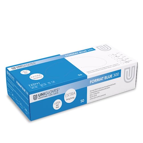 UNIGLOVES - Passgenaue FORMAT® BLUE 300 Einweghandschuhe aus Nitril | Lebensmittelecht, puderfrei & latexfrei | hohe Festigkeit & Haltbarkeit | extra lang | 50 Stück | Einmalhandschuh XXL von UNIGLOVES