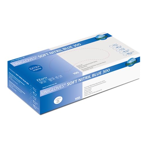UNIGLOVES - Passgenaue SOFT® NITRIL BLUE 300 Einweghandschuhe | Lebensmittelecht, puderfrei & latexfrei | hohe Festigkeit & Haltbarkeit | extra lang | 100 Stück | Einmalhandschuh M von UNIGLOVES