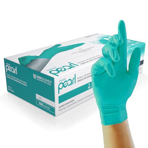 UNIGLOVES Green Pearl Nitril-Untersuchungshandschuhe - vielseitig einsetzbar, puderfreie und latexfreie Einweghandschuhe - Box mit 100 Handschuhen, Grün, Mittel (GP0043) von UNIGLOVES