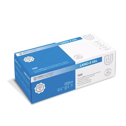 UNIGLOVES - Pflegender LANO-E-GEL® Latexhandschuh | Puderfrei | Mit Vitamin E & Lanolin | für Krankenhäuser, Arztpraxen & Kosmetikstudios | 100 Stück | Einmalhandschuh L von UNIGLOVES