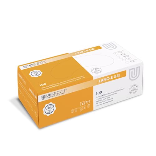 UNIGLOVES - Pflegender LANO-E-GEL® Latexhandschuh | Puderfrei | Mit Vitamin E & Lanolin | für Krankenhäuser, Arztpraxen & Kosmetikstudios | 100 Stück | Einmalhandschuh XS von UNIGLOVES