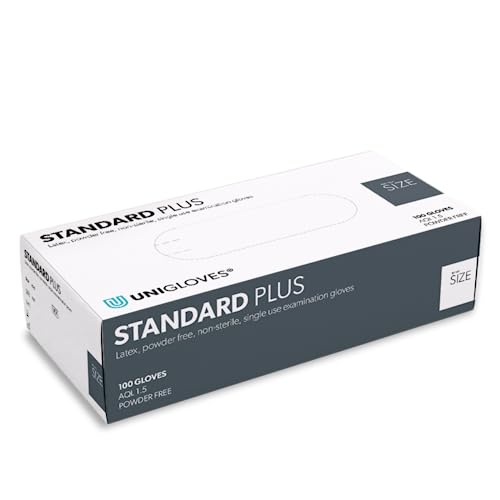 UNIGLOVES - Robuster STANDARD PLUS Latexhandschuh | Puderfrei | Extra griffig dank mirkrogeraute Handfläche | 100 Stück | Einmalhandschuh XL von UNIGLOVES