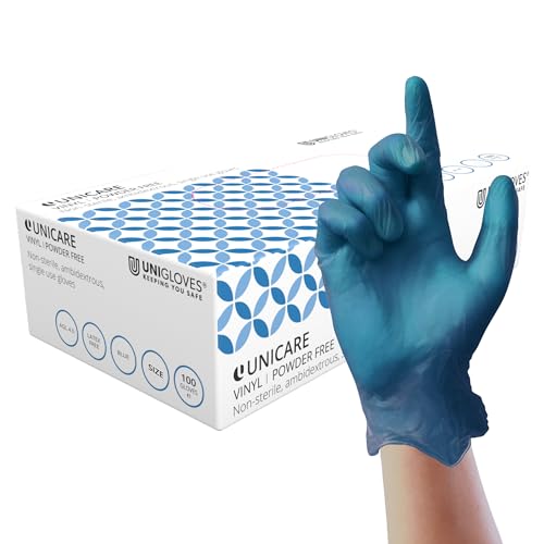 UNIGLOVES Unicare Blue Vinylhandschuhe - vielseitig einsetzbar, puder- und latexfreie Einweghandschuhe - Box mit 100 Handschuhen, blau, groß (GS0084) von UNIGLOVES