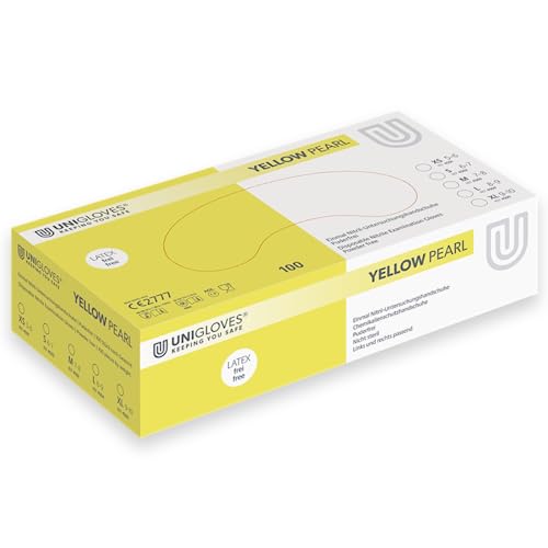 UNIGLOVES - Yellow PEARL® Gelbe passgenaue Einweghandschuhe aus Nitril | Lebensmittelecht, puderfrei & latexfrei | hohe Festigkeit & Haltbarkeit | 100 Stück | Einmalhandschuh XL von UNIGLOVES