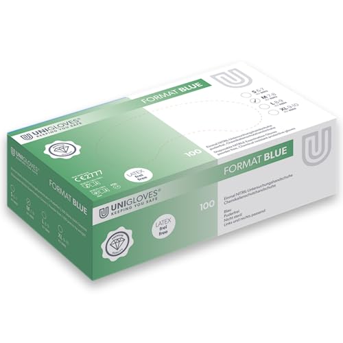 UNIGLOVES - Passgenaue FORMAT® Blau Einweghandschuhe aus Nitril | Lebensmittelecht, puderfrei & latexfrei | hohe Festigkeit & Haltbarkeit | 100 Stück | Einmalhandschuh M von UNIGLOVES