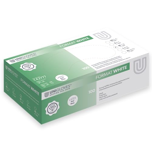 UNIGLOVES - Passgenaue Format® Weiß Einweghandschuhe Nitril | Lebensmittelecht, puderfrei & latexfrei | hohe Festigkeit & Haltbarkeit | 100 Stück | M von UNIGLOVES
