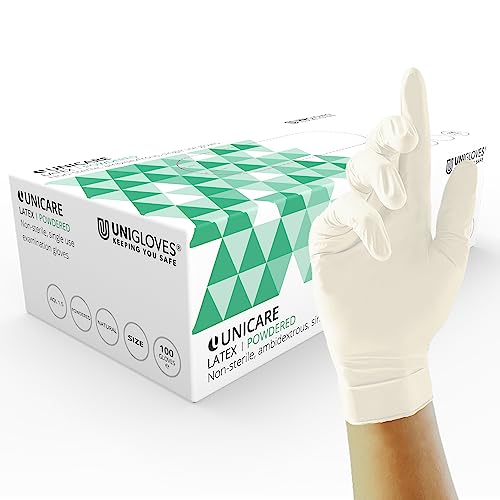 UNIGLOVES Unicare Latex-Einweghandschuhe - vielseitig einsetzbar, leicht gepudert, Untersuchungshandschuhe - Box mit 100 Handschuhen, naturfarben, Mittel (GS0023) von UNIGLOVES