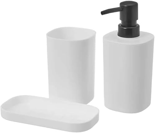 UNIMASA - Badezimmerset - Set 3 Waschbeckenzubehör - 3-teiliges Set - 1x Seifenspender 1x Becher 1x Tablett (Weiße Farbe) von UNIMASA