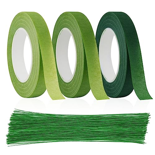 UNINGYI Blumendraht, 3 Rollen Floristenband, Floristik Kreppband 100 Pcs Floristikdraht Grün Steckdraht, Blumenstieldraht für Wrapping Blumensträuße und floralen Handwerken (27m/Rolle) von UNINGYI