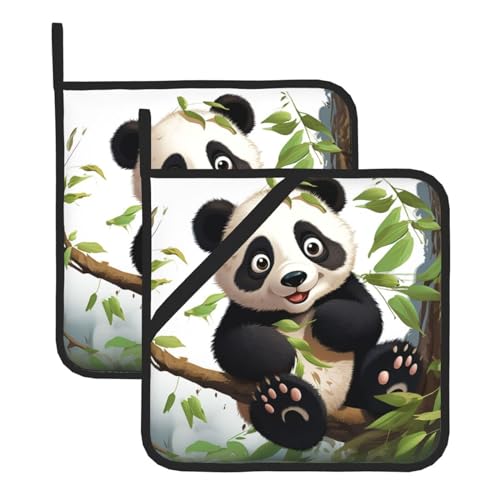 Topflappen mit Cartoon-Panda auf dem Baumzweig, hitzebeständig, wasserdicht, für die Küche, zum Kochen, Backen, Grillen, Grillen, Mikrowelle, 2 Stück von UNIOND