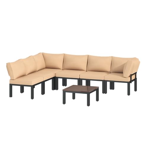 UNIONLINE Gartenmöbel Balkonmöbel Set, Lounge möbel Outdoor, 7-TLG. Metall Möbel Set für 6-7 Personen, gartenlounge, Patio Sektional Konversation Gartensofa, Terrassenmöbel mit Kaffeetisch (Beige) von UNIONLINE