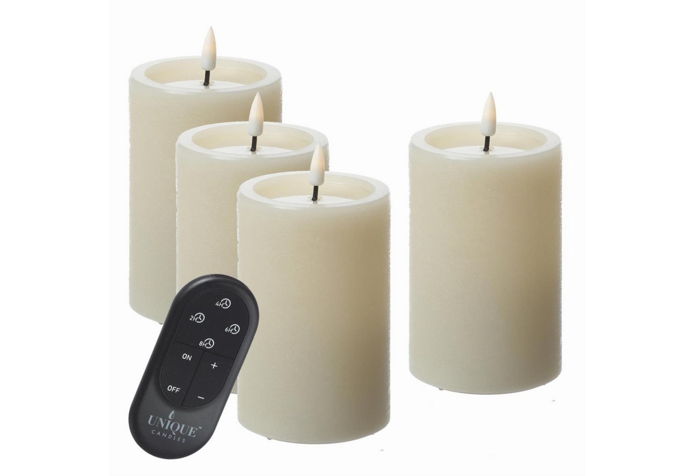 UNIQUE candles LED-Kerze LED Kerzenset UNIQUE Rustik-Optik 12,5cm mit Batterien Fernb. 4er Set (4-tlg) von UNIQUE candles