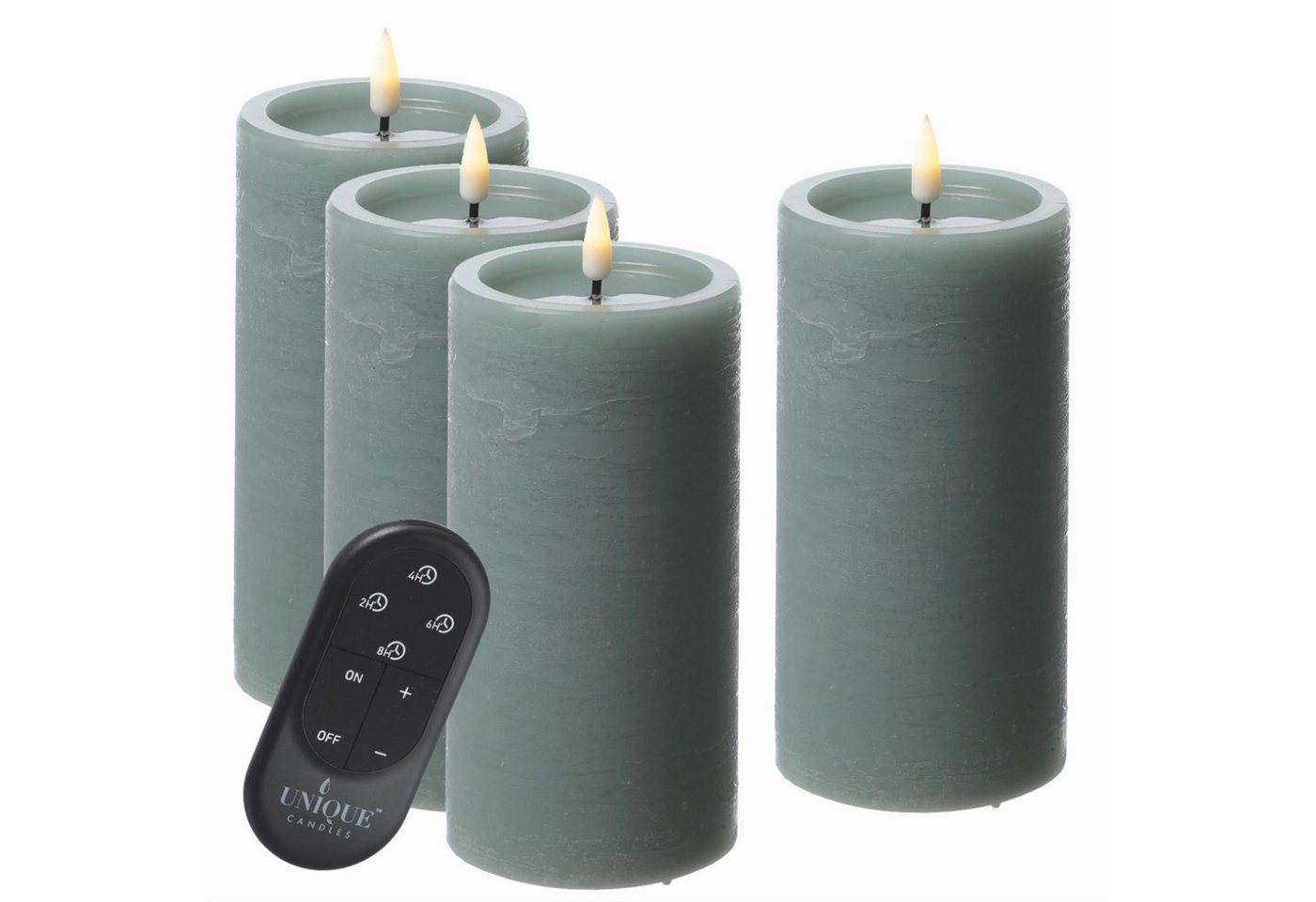 UNIQUE candles LED-Kerze LED Kerzenset UNIQUE Rustik-Optik H: 15cm mit Batterien Fernb. 4er Set (4-tlg) von UNIQUE candles