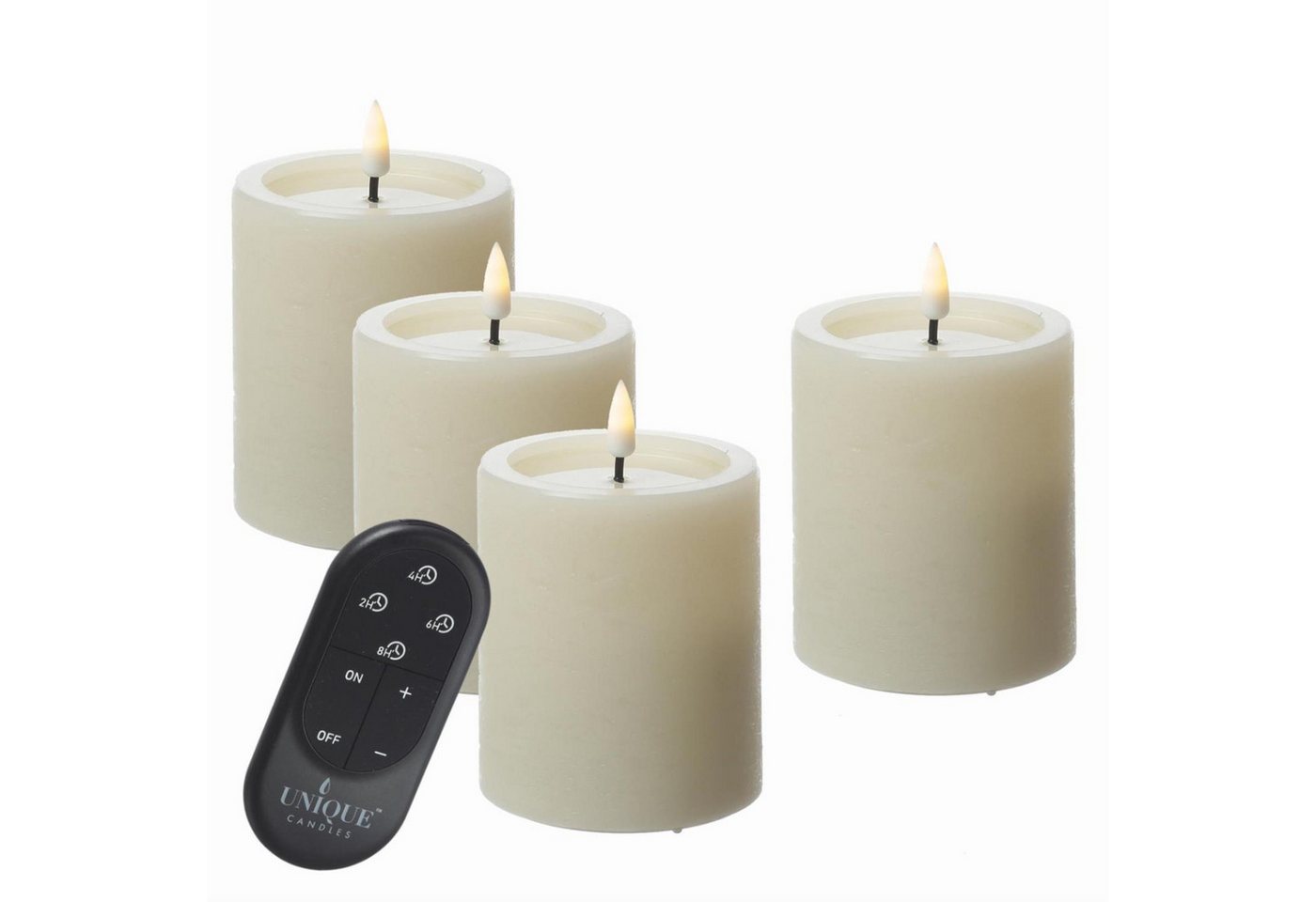 UNIQUE candles LED-Kerze LED Kerzenset UNIQUE Rustik-Optik H: 15cm mit Batterien Fernb. 4er Set (4-tlg) von UNIQUE candles