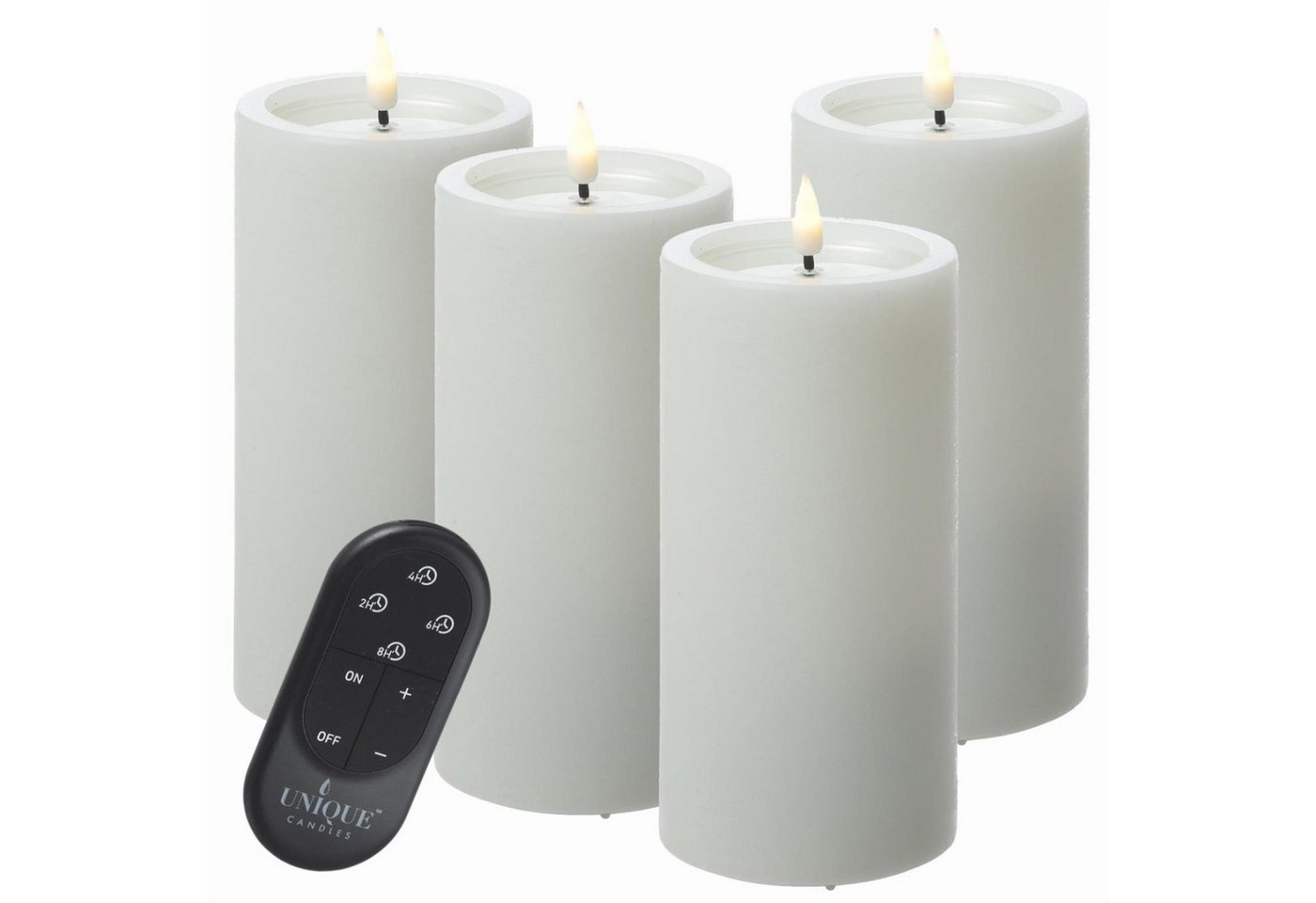 UNIQUE candles LED-Kerze LED Kerzenset UNIQUE Rustik-Optik H: 15cm mit Batterien Fernb. 4er Set (4-tlg) von UNIQUE candles