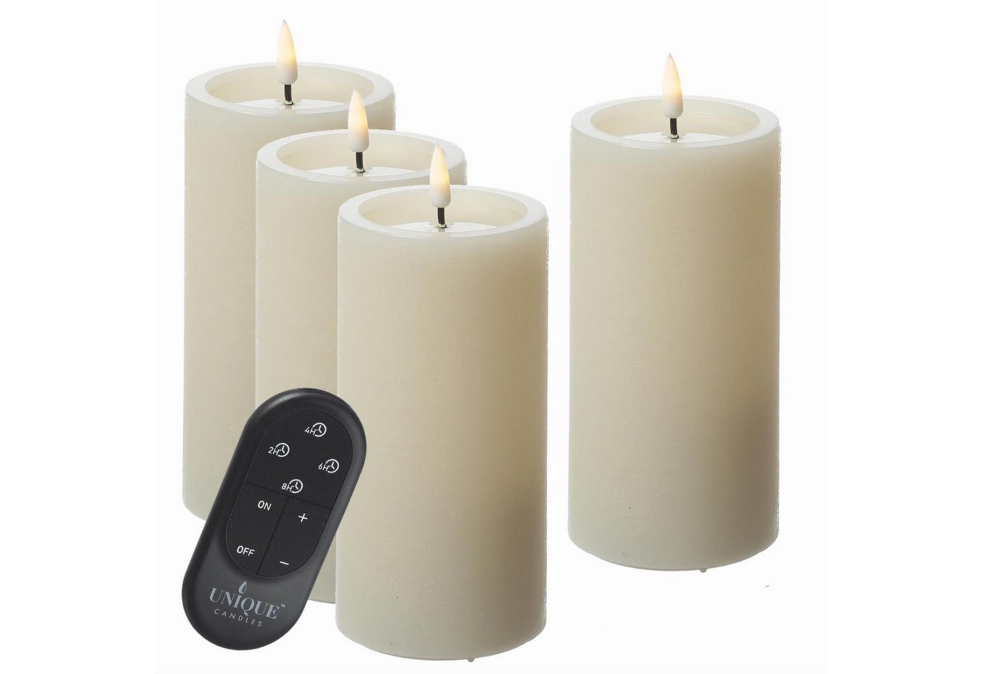 UNIQUE candles LED-Kerze LED Kerzenset UNIQUE Rustik-Optik H: 15cm mit Batterien Fernb. 4er Set (4-tlg) von UNIQUE candles