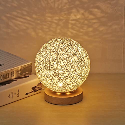LED Nachttischlampe, Tischlampe aus Holz Mit Handgewebtem Lampenschirm, Kreative Romantik USB Ladegerät Tischlampe Nachtlicht für Schlafzimmer Wohnzimmer Dekoration Geburtstag Geschenk (Weiß) von UNISOPH