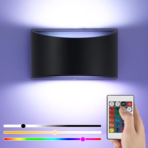 UNISOPH Wandlampe Schwarz Dimmbar, 6W LED Wandleuchte Innen Mit Fernbedienung, RGB Farbwechsel Nach Oben und Unten Wandleuchte für Wohnzimmer, Flur, Treppen, Familienfeier-Atmosphärenlicht, Aluminium von UNISOPH