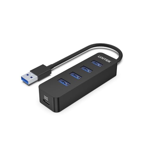 UNITEK Active Hub 10W mit integriertem 15cm Kabel mit USB-A Stecker Ports 4xUSB-3.1 und 1xUSB-C 5V2A Sofortige Datenübertragung von bis zu 5 Gbps und sicheres Aufladen Plug and Play von UNITEK