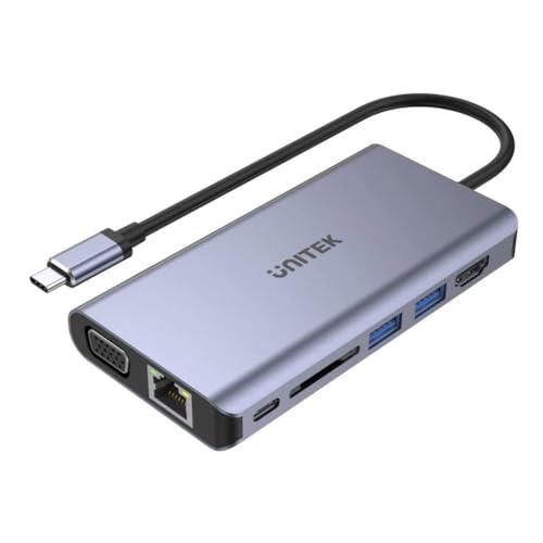 UNITEK Hub USB-C mit Power Delivery, HDMI v.1.4 4K@30Hz, Ethernet/Internet Anschluss, 2 x USB 3.0, USB C mit PD 100 W, 20 V / 5 A, SD-Kartenleser, 3,5 mm Audioanschluss │ Aluminium, Grau von UNITEK
