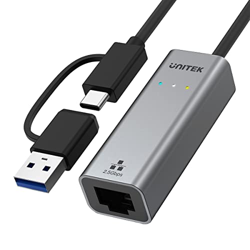 Unitek Adapter USB-A/C NA RJ45 2.5 G Ethernet | U1313C | Wtyk USB-C i Adapter USB-A | Obsługa 10/100/1000/2500 Mbps Ethernet | Aluminium-Alloy Gehäuse | Kabellänge: 30cm | Farbe: Space Grey von UNITEK