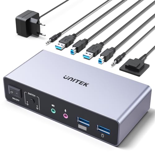 Unitek KVM Switch für 2 Monitore und 2 Computer 4K@60Hz HDMI Displayport KVM-Switcher 3 USB-Ports für gemeinsame Nutzung von Tastatur Maus Mikrofon Headset-Anschlüsse 2 USB-B-Kabel 5V DC Unitek KVM Switch für 2 Monitore und 2 Computer 4K@60Hz HDMI Displayport KVM-Switcher 3 USB-Ports für gemeinsame Nutzung von Tastatur Maus Mikrofon Headset-Anschlüsse 2 USB-B-Kabel 5V DC von UNITEK