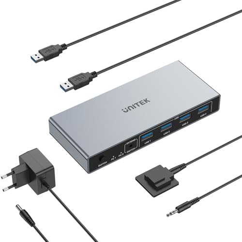 Unitek USB 3.0 HDMI KVM Switch 1 Monitor 2 Computer 4K@60Hz KVM-Schalter 4 USB-Anschlüsse für 2 Computer Teilen von Monitor Tastatur Maus Festplatten HDCP-Adaptiv 2 USB-Kabel DC5V-Adapter von UNITEK