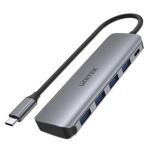 uHUB P5+ 5-in-1 USB-C Hub mit 100W Power Delivery H1107B / USB3.1 Gen1 5Gbps SuperSpeed / Kabellänge: 20,5cm / Ultraflaches Aluminiumgehäuse / Farbe: Space Grau von UNITEK