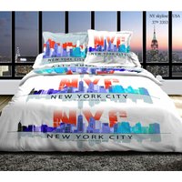 Komplettpaket NY Skyline Blau Bettbezug für Bett 160 x 200 cm 100% Baumwolle / 57 Fäden/cm². - NY Skyline Bleu von UNIVERS DECOR