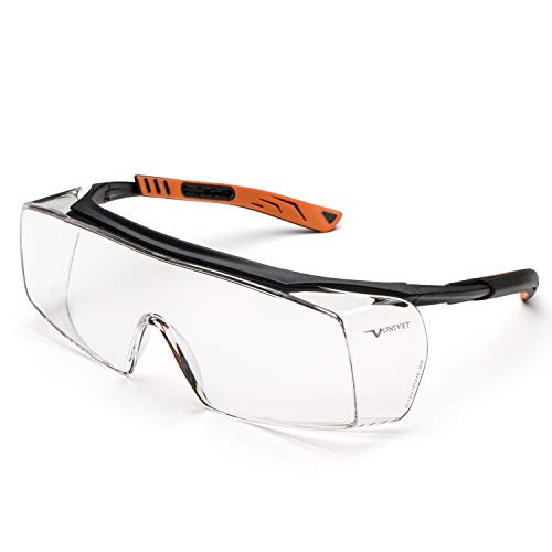 UNIVET | 5X7 Clear, Arbeitsschutzbrille, Überstärkungsbrille, Hoher Komfort, kratzfeste Gläser,(EN166, EN170) Schwarz/Orange von UNIVET