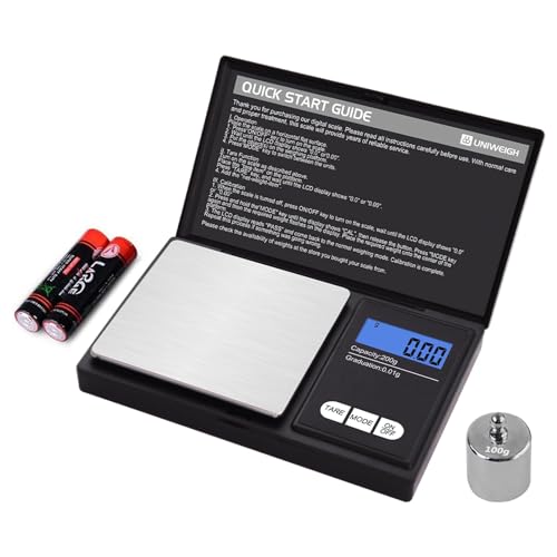 UNIWEIGH Digitale Grammwaage,200g 0.01g/0.001oz Gewichtswaage Gramm und Unze,Elektronische Smart Mini-Taschenwaage mit 100g Kalibrierungsgewicht,für Getreide,Gold,Schmuck,Strom,LCD von UNIWEIGH