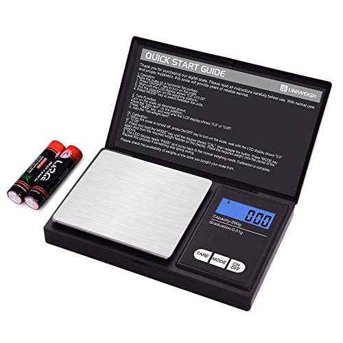 UNIWEIGH Grammwaage,200 gx0.01 g(7.05 oz x 0.001 oz) Digitale Taschenwaage,Elektronische Smart Weigh Waage,Tragbare kleine Schmuckwaage Gramm und Unzen,Miniwaage mit LCD Display,Tara von UNIWEIGH