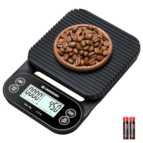 UNIWEIGH Kaffeewaage mit Timer 3kg/0,1g,Hochpräzise Espressowaage mit Timer/Auto off/Tara Funktion,Digitale Kaffeewaage für Pour Over Drip Kaffee,Mit LCD Display (Batterien enthalten) von UNIWEIGH