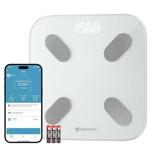 UNIWEIGH Smarte Waage für Körpergewicht,Badezimmerwaage mit digitaler Großanzeige,Bluetooth Körperfettwaage Kompositionsmonitore mit App,Analysator für BMI, Körperfett, Muskelmasse, Protein, Max 400lb von UNIWEIGH