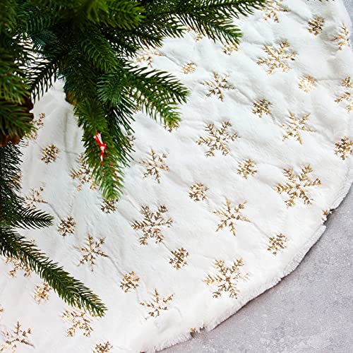 φ 122 cm Weihnachtsbaum Rock - Weiß Plüsch Christmas Tree Skirt mit Goldene Schneeflocken-Pailletten - Runde Form Christbaumständer Weihnachtsbaum Decke Abdeckung für Bodendekoration Weihnachtsdeko von UNKCEST