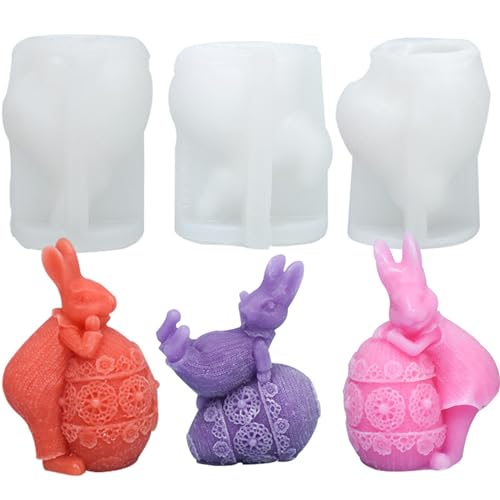 3er Set Ostern Silikonform Kerzenformen Hasen, 3D Osterhase Gießformen, Hase Kerze Schokoladenharzform, DIY form für Ostern, Ostergeschenke für Sojawachs Kerzen Seife Gips von UNKCEST